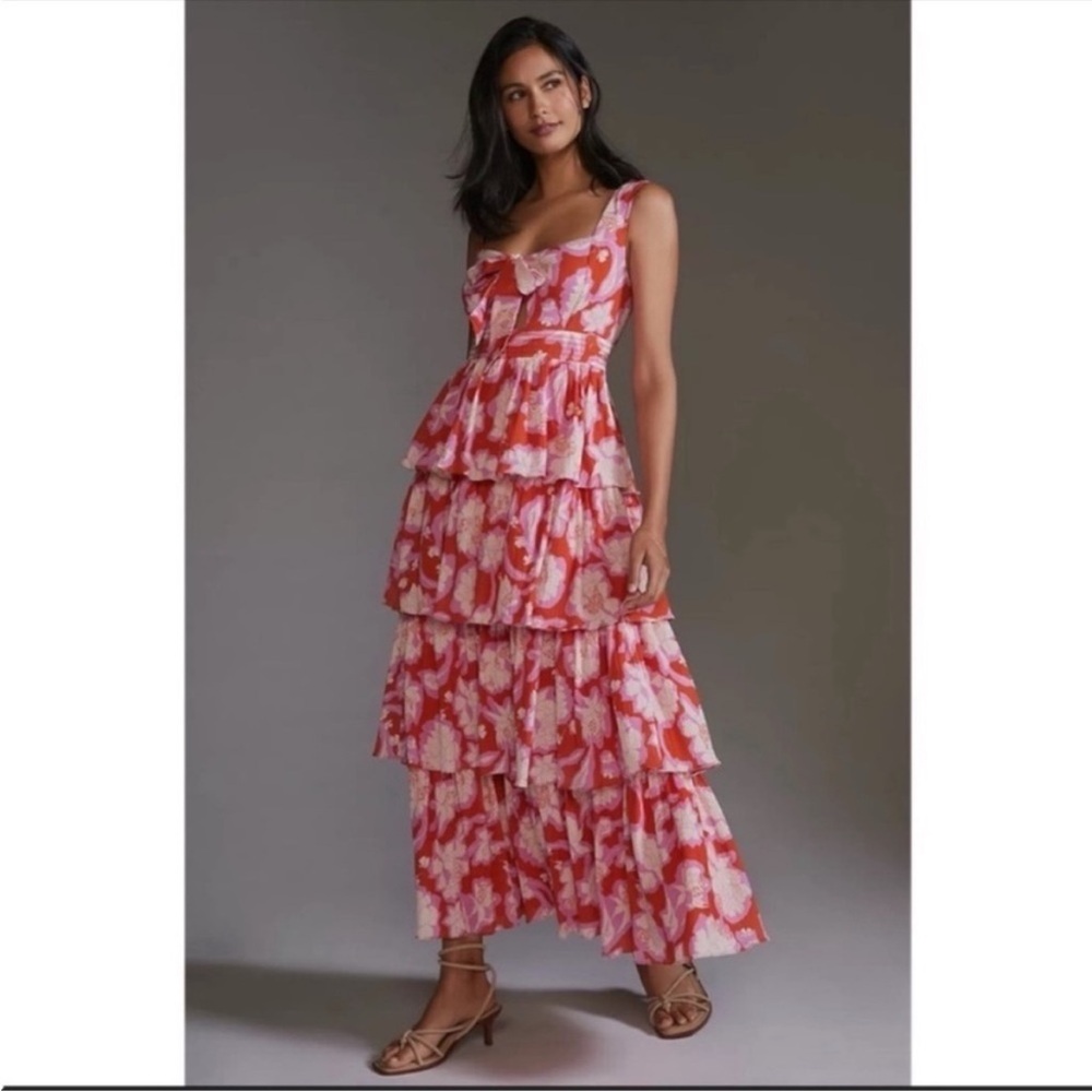Anthropologie Vineet Bahl Red Floral Tiered Ruffle Cutout Maxi Dress 14 NWT - Picture 10 of 10
